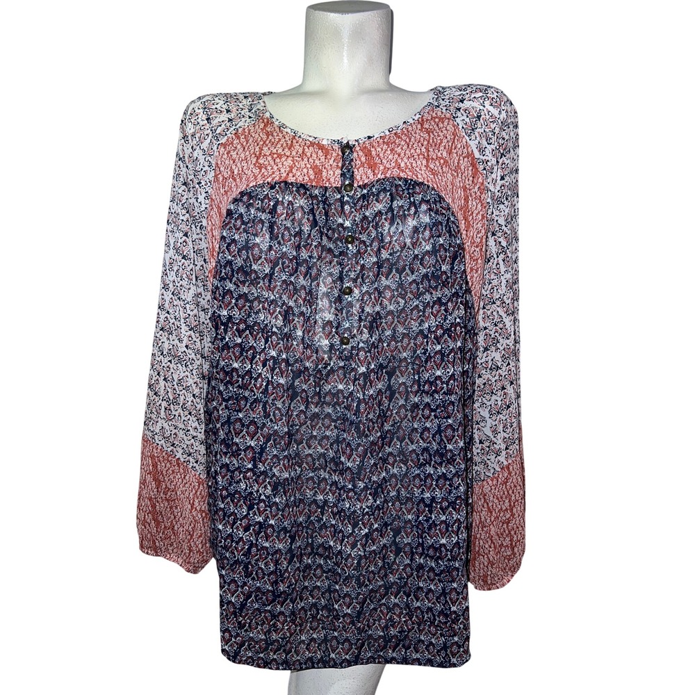 Lucky Brand Plus Size 3X Boho Print Tunic Top Long Sleeve Button Neck Sheer